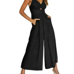 Summer V-neck Brace Hollow Out Pleating High Waist Wide Leg Pocket Women's Jumpsuit - EX-STOCK CANADA