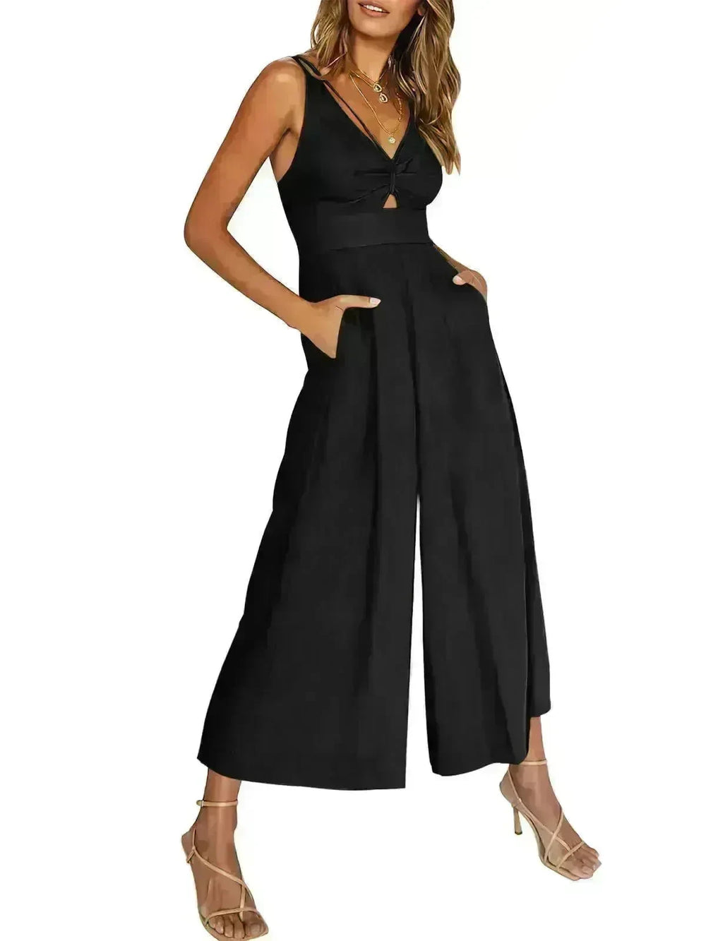 Summer V-neck Brace Hollow Out Pleating High Waist Wide Leg Pocket Women's Jumpsuit - EX-STOCK CANADA