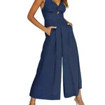 Summer V-neck Brace Hollow Out Pleating High Waist Wide Leg Pocket Women's Jumpsuit - EX-STOCK CANADA