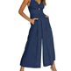 Summer V-neck Brace Hollow Out Pleating High Waist Wide Leg Pocket Women's Jumpsuit - EX-STOCK CANADA
