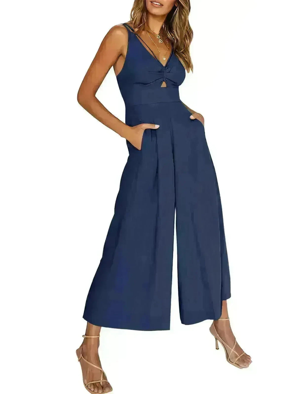 Summer V-neck Brace Hollow Out Pleating High Waist Wide Leg Pocket Women's Jumpsuit - EX-STOCK CANADA