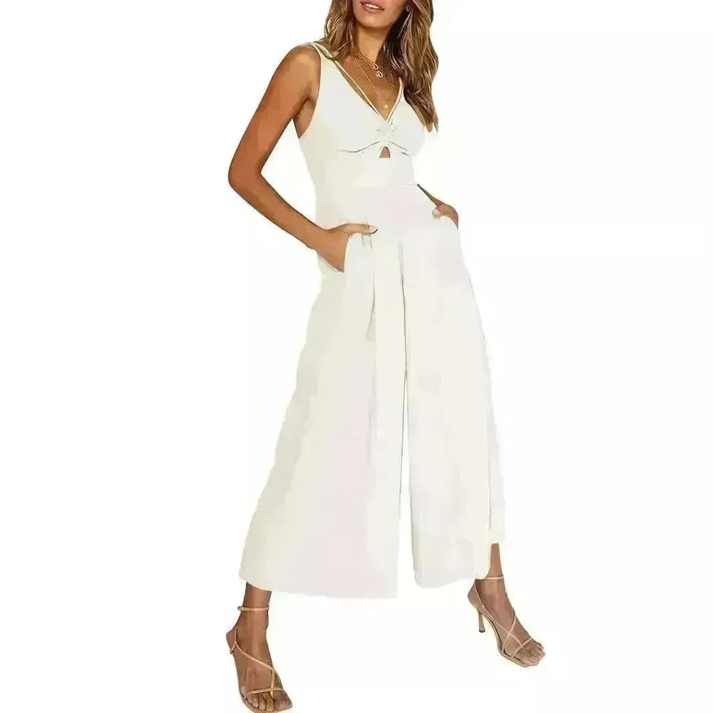 Summer V-neck Brace Hollow Out Pleating High Waist Wide Leg Pocket Women's Jumpsuit - EX-STOCK CANADA