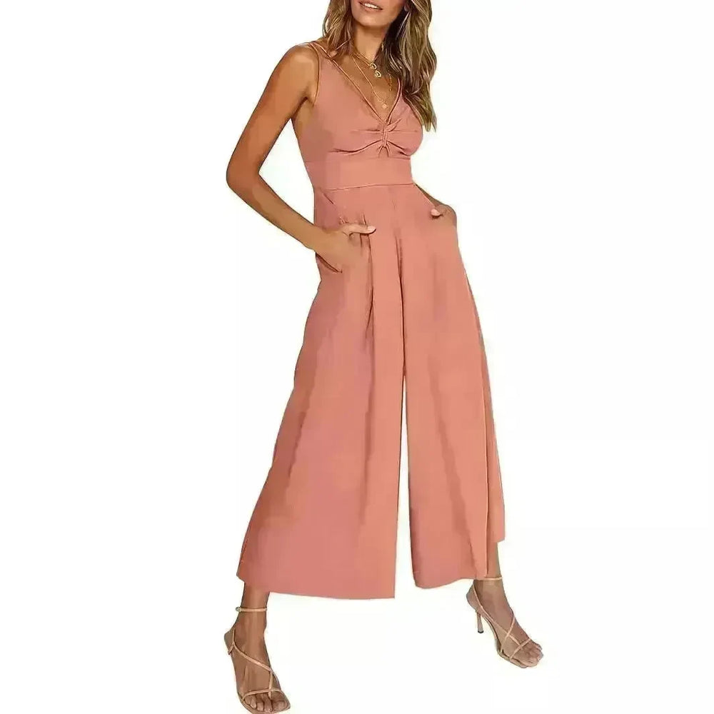 Summer V-neck Brace Hollow Out Pleating High Waist Wide Leg Pocket Women's Jumpsuit - EX-STOCK CANADA