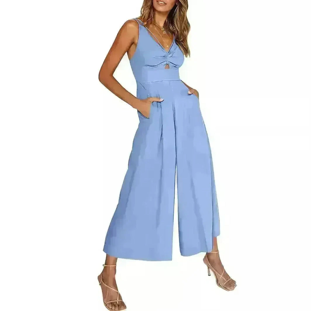 Summer V-neck Brace Hollow Out Pleating High Waist Wide Leg Pocket Women's Jumpsuit - EX-STOCK CANADA