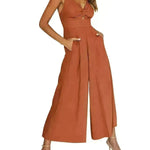 Summer V-neck Brace Hollow Out Pleating High Waist Wide Leg Pocket Women's Jumpsuit - EX-STOCK CANADA