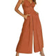 Summer V-neck Brace Hollow Out Pleating High Waist Wide Leg Pocket Women's Jumpsuit - EX-STOCK CANADA