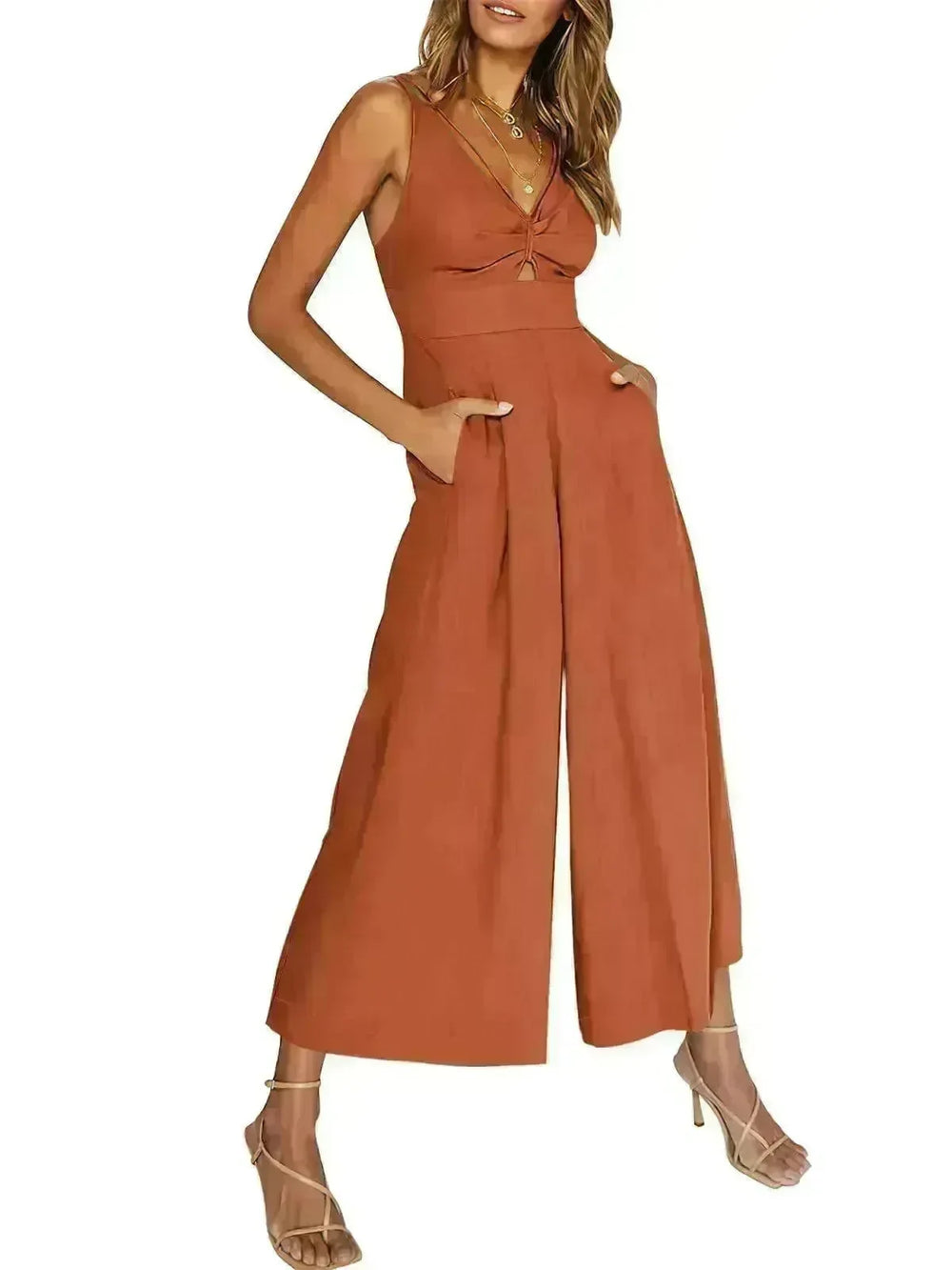 Summer V-neck Brace Hollow Out Pleating High Waist Wide Leg Pocket Women's Jumpsuit - EX-STOCK CANADA