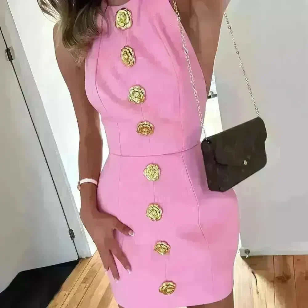 Sweet Sleeveless Backless Dress With Rose Button Design Summer Street Fashion Mini Dresses Women - EX-STOCK CANADA