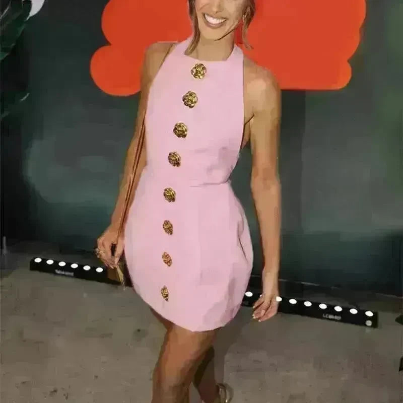 Sweet Sleeveless Backless Dress With Rose Button Design Summer Street Fashion Mini Dresses Women - EX-STOCK CANADA