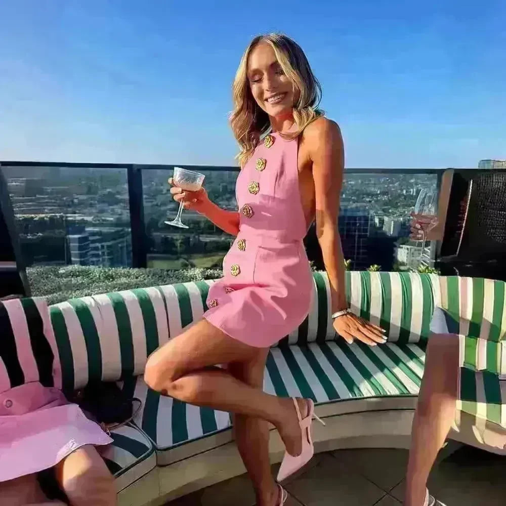 Sweet Sleeveless Backless Dress With Rose Button Design Summer Street Fashion Mini Dresses Women - EX-STOCK CANADA