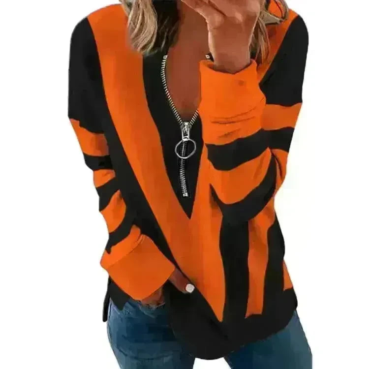 Temperament Chest Zipper V Printed Long Sleeve T-shirt - EX-STOCK CANADA