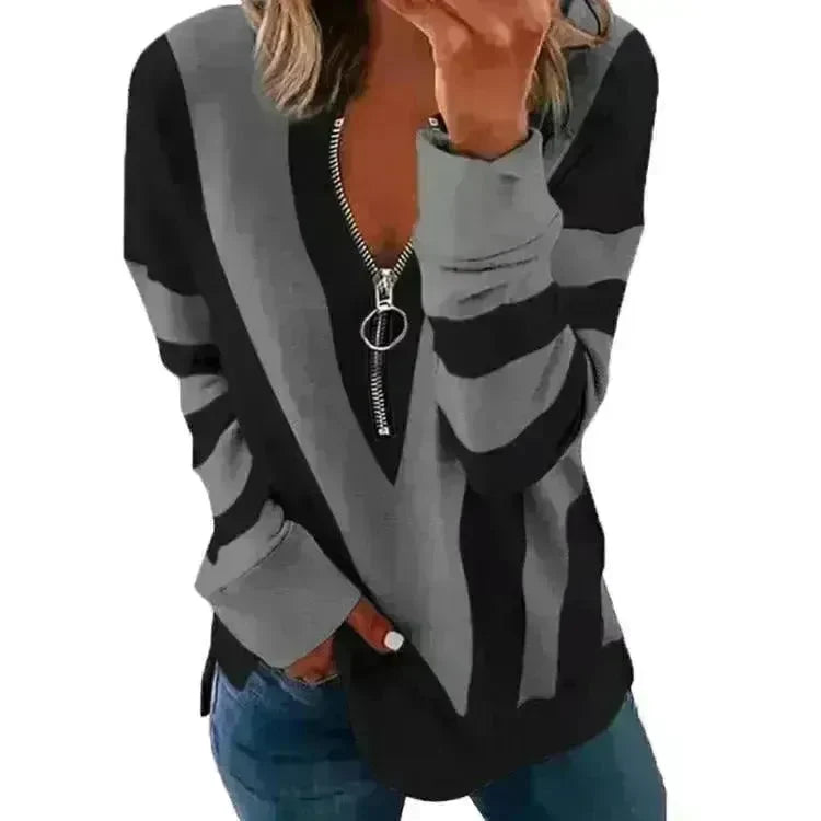 Temperament Chest Zipper V Printed Long Sleeve T-shirt - EX-STOCK CANADA