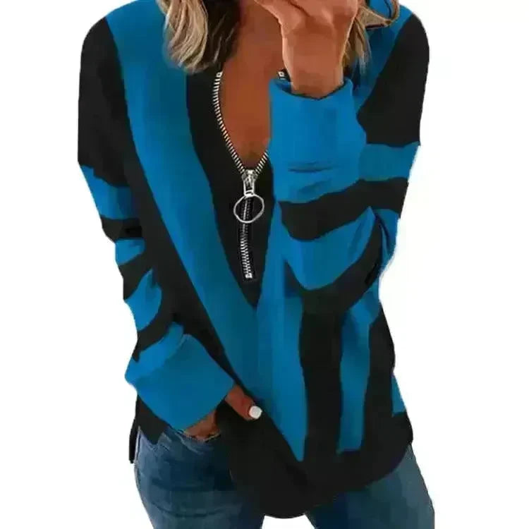 Temperament Chest Zipper V Printed Long Sleeve T-shirt - EX-STOCK CANADA