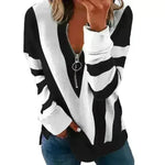 Temperament Chest Zipper V Printed Long Sleeve T-shirt - EX-STOCK CANADA