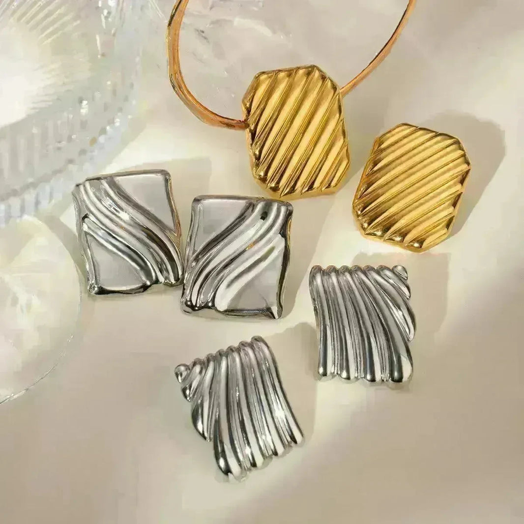 Trendy 18K Gold Stainless Steel Cube Wave Stud Earrings for Women Wedding Earrings - EX-STOCK CANADA