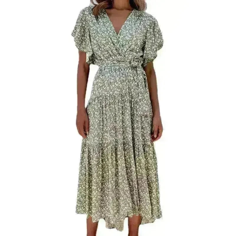 V-neck Lotus Leaf Sleeve Floral Split Dress - EX-STOCK CANADA