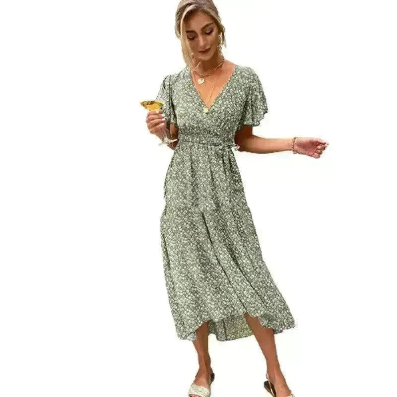 V-neck Lotus Leaf Sleeve Floral Split Dress - EX-STOCK CANADA