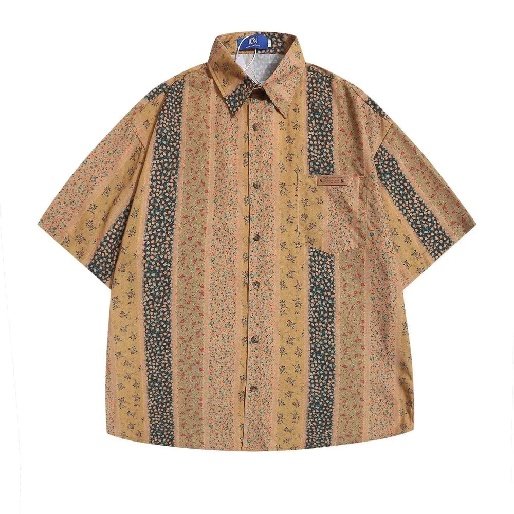 Vertical Stripes Small Floral Short-sleeved Casual Shirt - EX-STOCK Canada