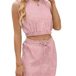 Wave Pattern Design Suit For Women Round Neck Sleeveless Top And Drawstring Design Short Skirt Fashion 2-piece Set Summer Clothing - EX-STOCK CANADA