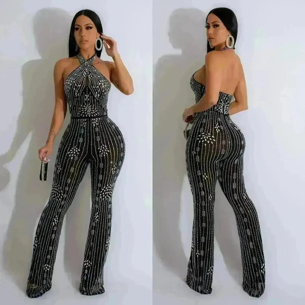 Wear Solid Color Rhinestone Sleeveless Halter Trousers Jumpsuit - EX-STOCK CANADA