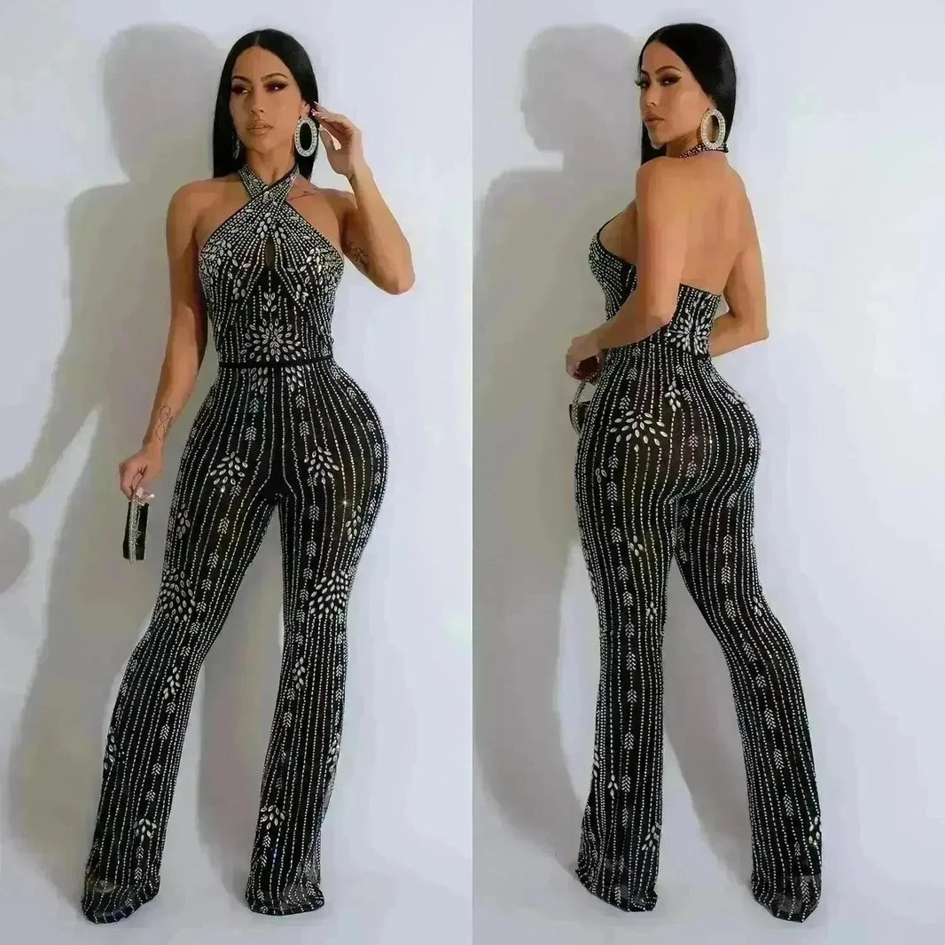 Wear Solid Color Rhinestone Sleeveless Halter Trousers Jumpsuit - EX-STOCK CANADA
