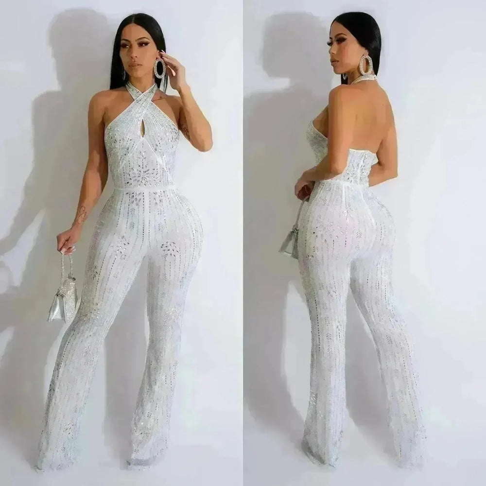 Wear Solid Color Rhinestone Sleeveless Halter Trousers Jumpsuit - EX-STOCK CANADA