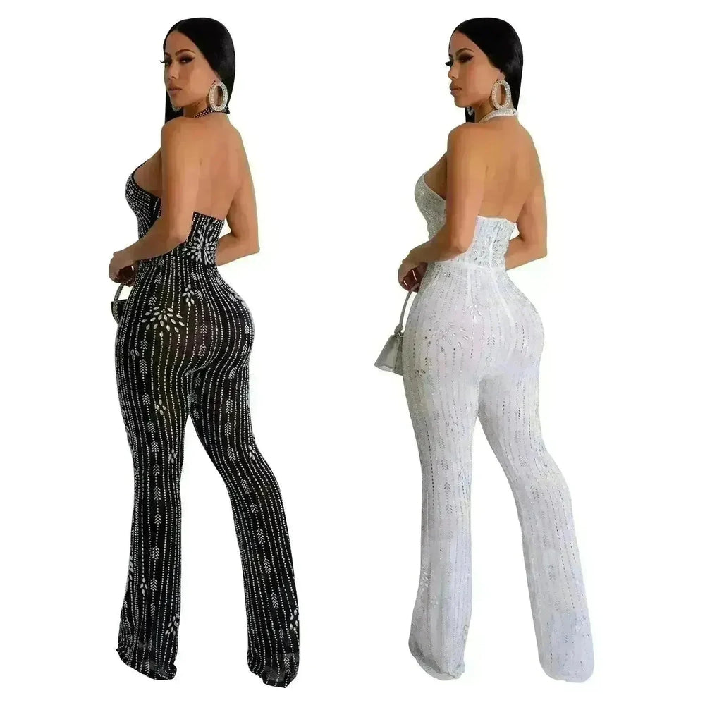 Wear Solid Color Rhinestone Sleeveless Halter Trousers Jumpsuit - EX-STOCK CANADA