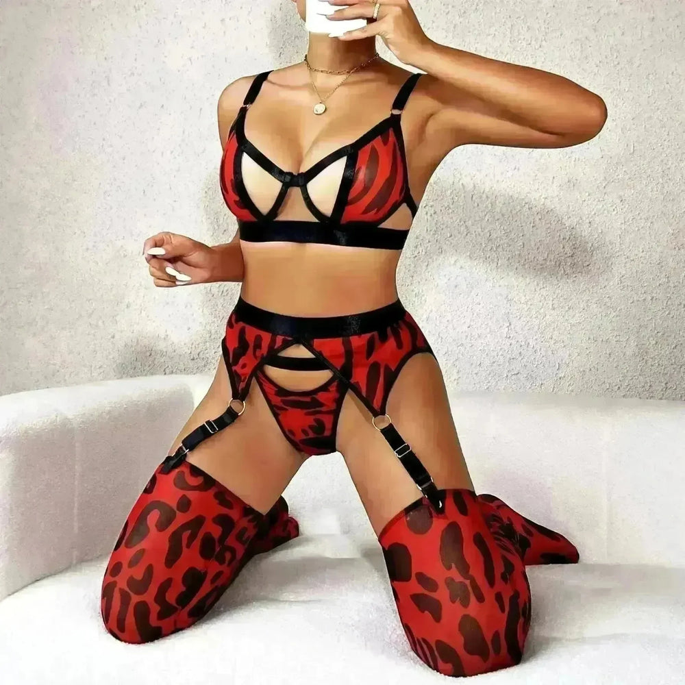 Wild Leopard Print Mesh Hollow Lingerie Stockings Sexy Lingerie Set - EX-STOCK CANADA