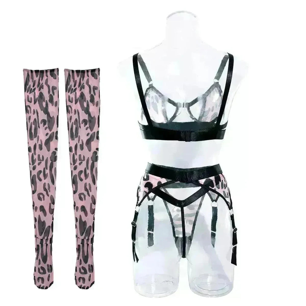 Wild Leopard Print Mesh Hollow Lingerie Stockings Sexy Lingerie Set - EX-STOCK CANADA