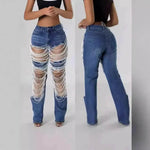 Women Creative Casual Ripped Denim Jeans Straight Leg Pant Trouser - EX-STOCK Canada