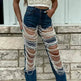 Women Creative Casual Ripped Denim Jeans Straight Leg Pant Trouser - EX-STOCK Canada