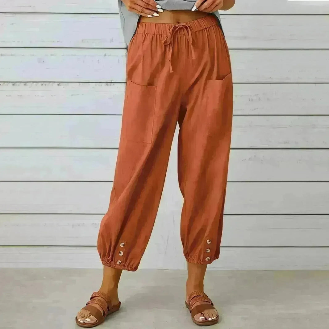 Women Drawstring Tie Pants Spring Summer Cotton And Linen Trousers With Pockets Button - EX-STOCK CANADA