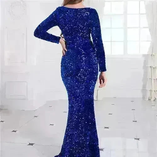 Women Modest Stretch Sequin Royal Blue Evening Prom Gown Party - EX-STOCK CANADA
