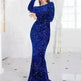 Women Modest Stretch Sequin Royal Blue Evening Prom Gown Party - EX-STOCK CANADA