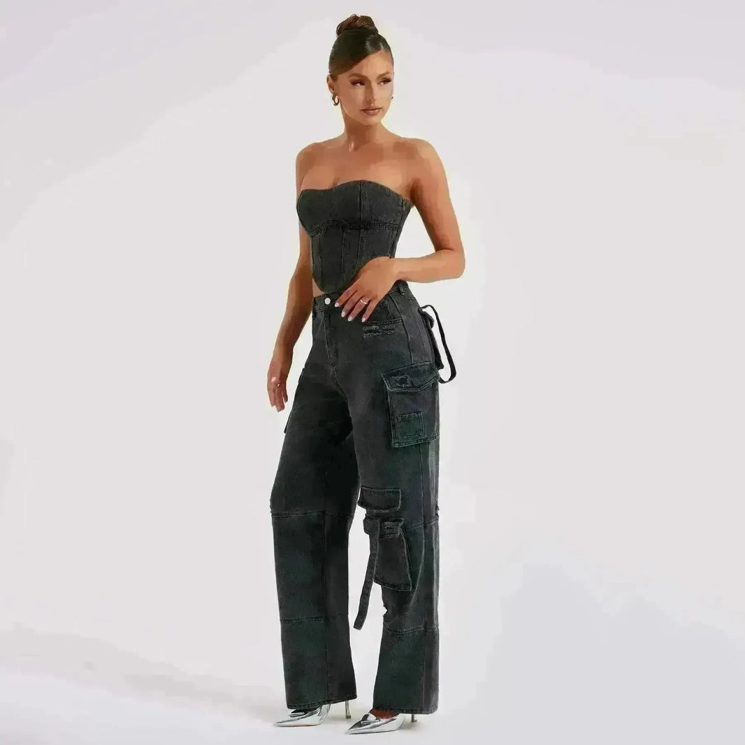 Women's American-style Low Waist Three-dimensional Pocket Stitching Jeans Denim Cargo Pant Trouser. Denim Outfit Set - EX-STOCK CANADA