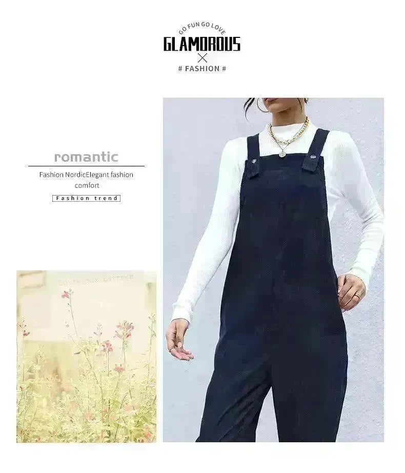 Women's Autumn Warm Corduroy Loose Solid Color Suspender Pants - EX-STOCK CANADA