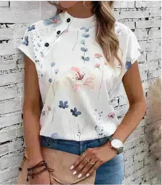 Women's Casual Stand Collar Short-sleeved Digital Printed Top T-shirt - EX-STOCK CANADA