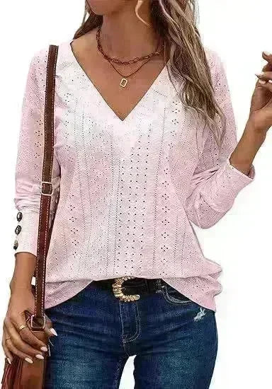 Women's Casual V-neck Long Sleeved Lace Casual Embroidered Shirt top - EX-STOCK CANADA