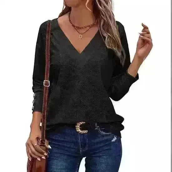 Women's Casual V-neck Long Sleeved Lace Casual Embroidered Shirt top - EX-STOCK CANADA