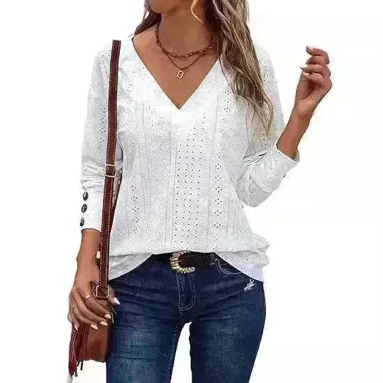 Women's Casual V-neck Long Sleeved Lace Casual Embroidered Shirt top - EX-STOCK CANADA