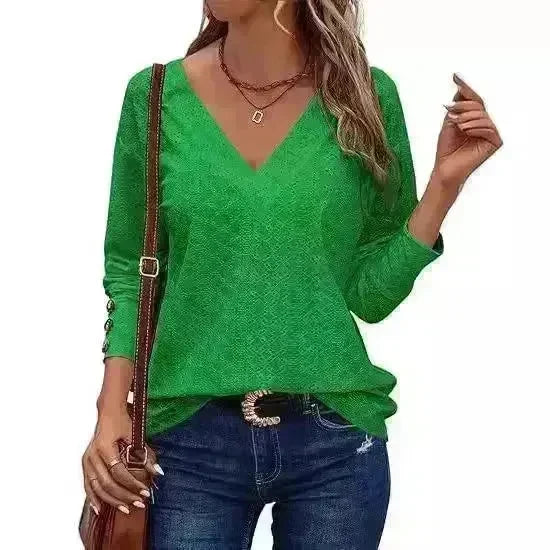 Women's Casual V-neck Long Sleeved Lace Casual Embroidered Shirt top - EX-STOCK CANADA