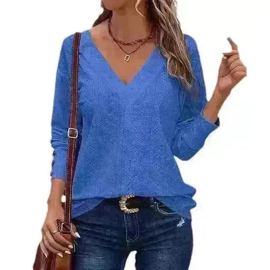 Women's Casual V-neck Long Sleeved Lace Casual Embroidered Shirt top - EX-STOCK CANADA
