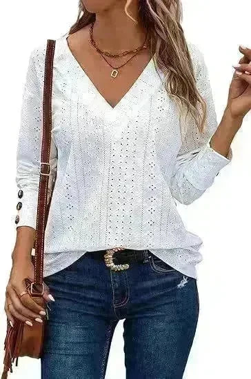 Women's Casual V-neck Long Sleeved Lace Casual Embroidered Shirt top - EX-STOCK CANADA