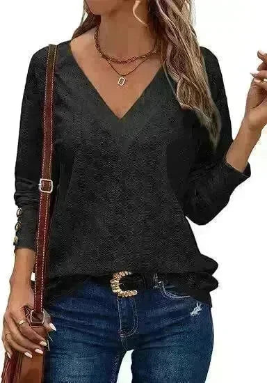 Women's Casual V-neck Long Sleeved Lace Casual Embroidered Shirt top - EX-STOCK CANADA