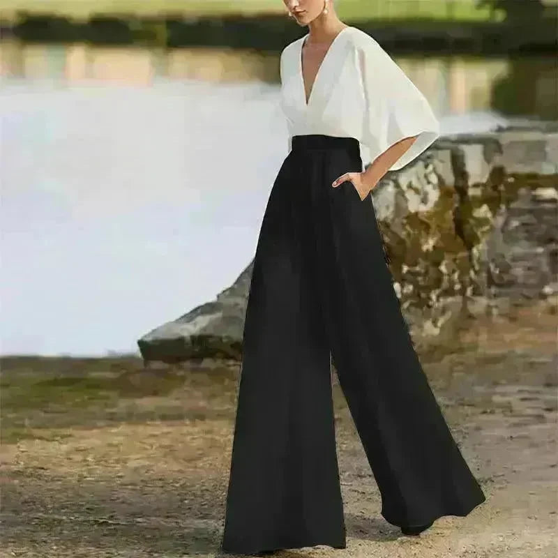 Women's Deep V High Waist Wide Leg Jumpsuit - EX-STOCK CANADA