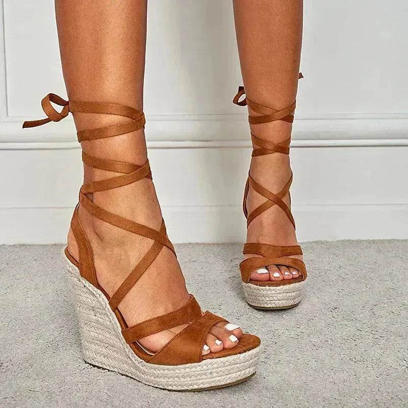 Women's Fashion Foam Bottom Heightening Cross Strappy Rope Tie Wedge Sandals - EX-STOCK Canada