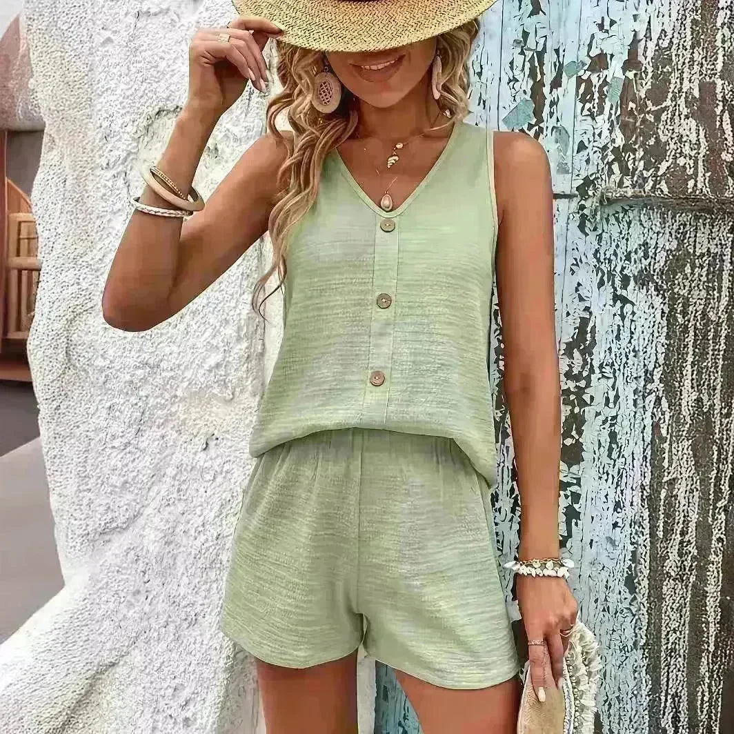 Women's Fashion Loose Sleeveless Solid Color Buttons Decorative Vest Two-piece Set - EX-STOCK CANADA