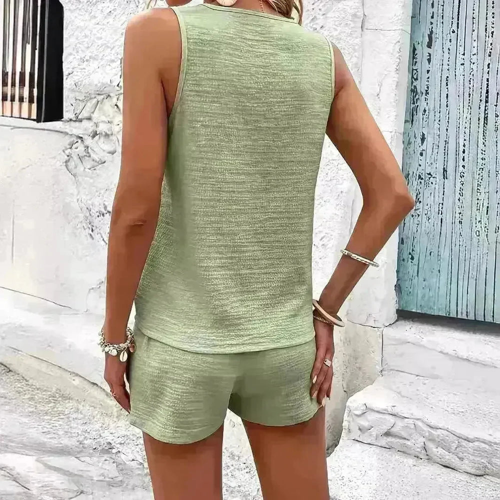 Women's Fashion Loose Sleeveless Solid Color Buttons Decorative Vest Two-piece Set - EX-STOCK CANADA