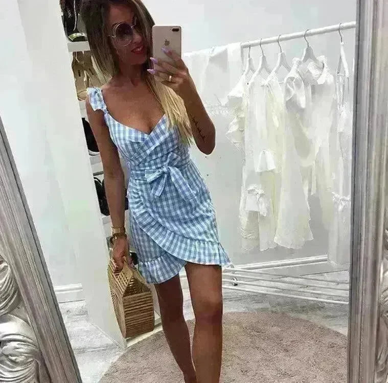 Women's Fashion Personality Summer Sleeveless Plaid Drawstring Casual Mini Dress - EX-STOCK CANADA
