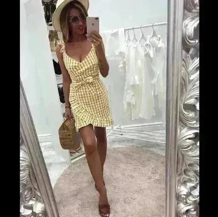 Women's Fashion Personality Summer Sleeveless Plaid Drawstring Casual Mini Dress - EX-STOCK CANADA